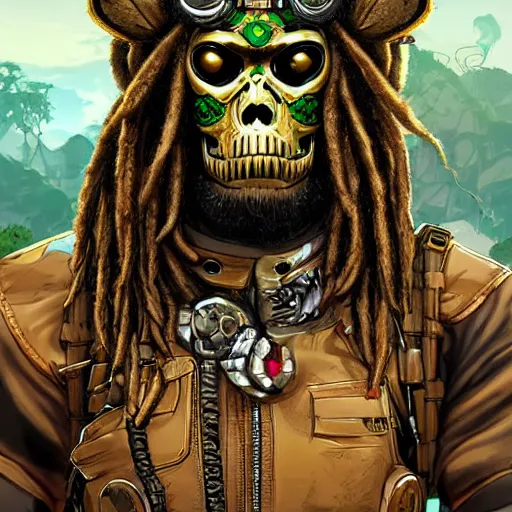 Prompt: a golden skull face monkey warrior with dreadlocks and emeralds in his forehead, Apex Legends character digital illustration portrait design, by android jones, detailed, cinematic lighting, wide angle action dynamic portrait