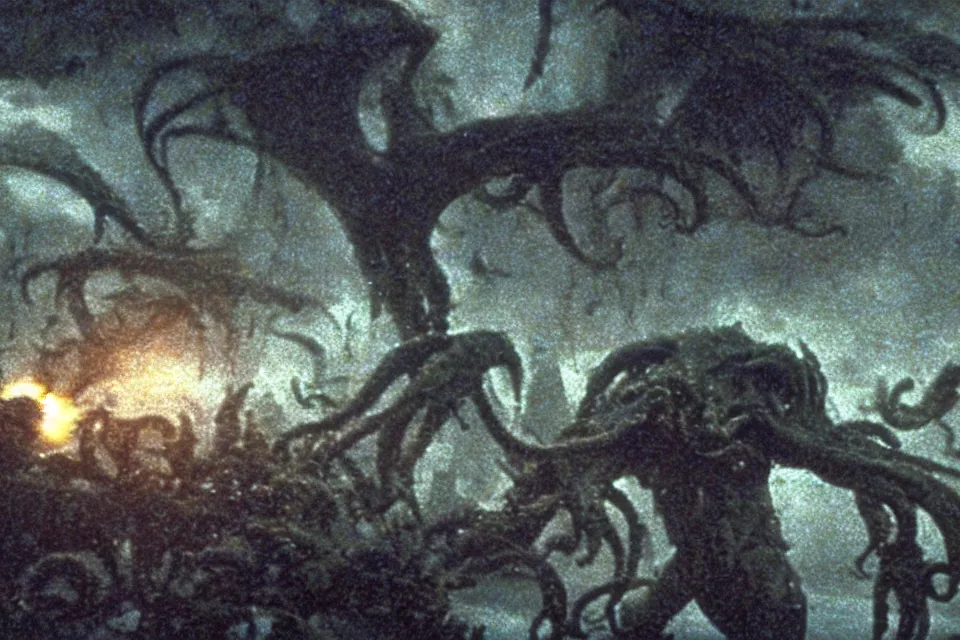 Prompt: still image taken from sci fi horror movie of a cthulhu attacking a city. low camera angle. failure pictures.