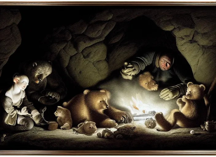 Image similar to Pieter Claesz's 'bear and her cubs sleeping in a dark cave lit by campfire', night time, cross hatching, framed