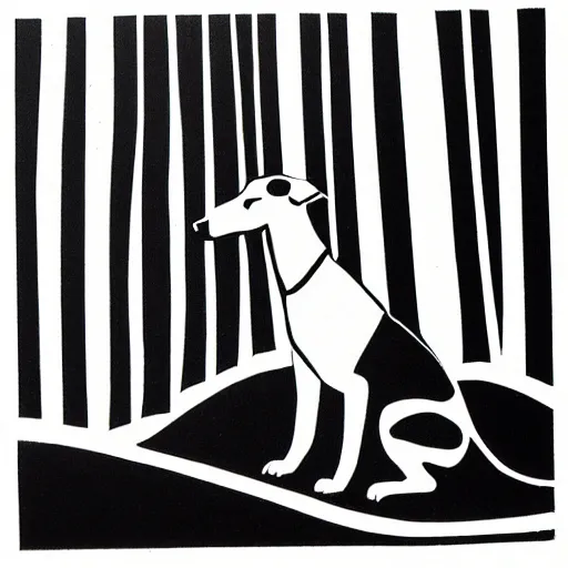 Image similar to minimalist linocut, black and white, greyhound in a forest