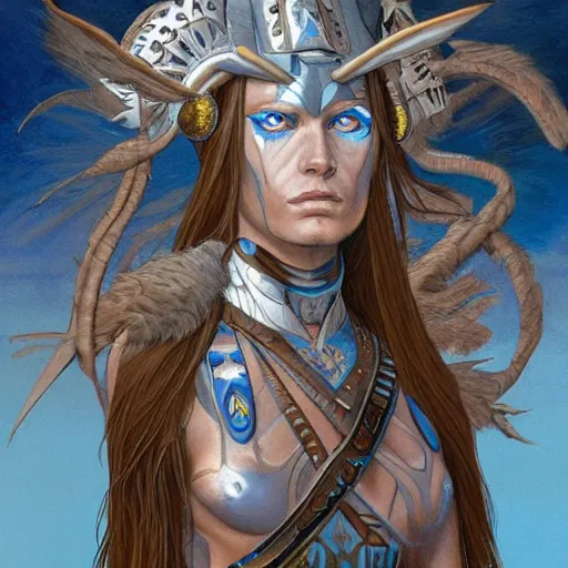 Prompt: painting of a shamanic warrior woman with blue eyes, brown hair, and silver armor by mœbius and by jon foster, trending on artstation