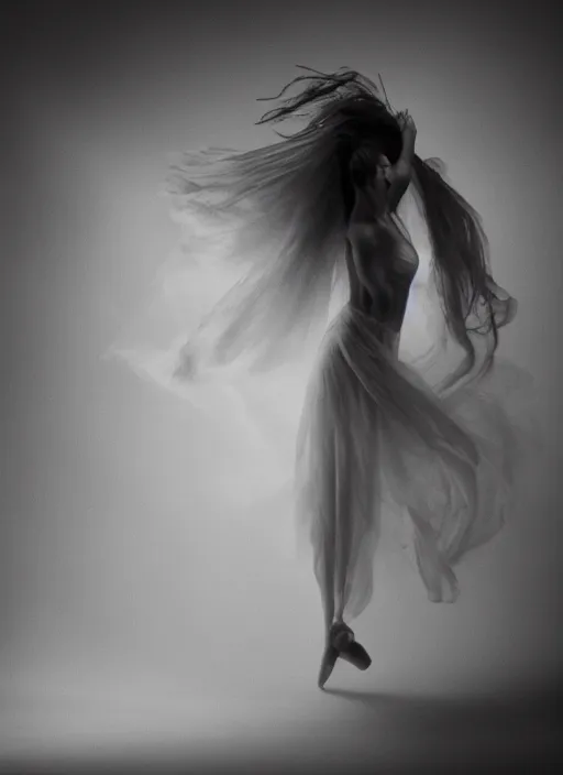 Image similar to a Photorealistic dramatic hyperrealistic render of a beautiful Female smoke dancer by Ken Brower and Deborah Ory of NYC Dance project,Lois Greenfield,Flowing cloth and smoke,Beautiful dynamic dramatic dark moody lighting,volumetric,shadows,cinematic atmosphere,Octane render,8K