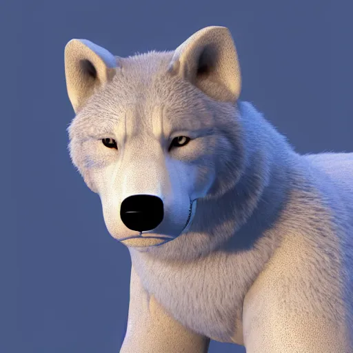 Prompt: 3 d render, well toned, large and tall, female, anthropomorphic wolf with a short snout, furless, fur with white spots, icey blue dress, blue scales covering her chest.