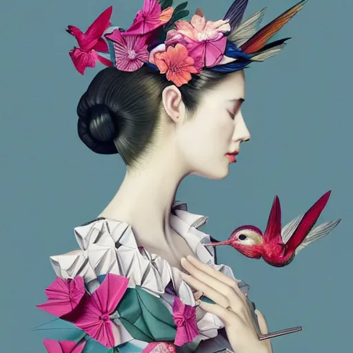 Prompt: 3 / 4 view of a beautiful girl wearing an origami dress, eye - level medium shot, fine floral ornaments in cloth and hair, hummingbirds, elegant, by eiko ishioka, givenchy, edward hopper, by peter mohrbacher, centered, fresh colors, origami, fashion, detailed illustration, vogue, high depth of field, japanese, reallusion character creator