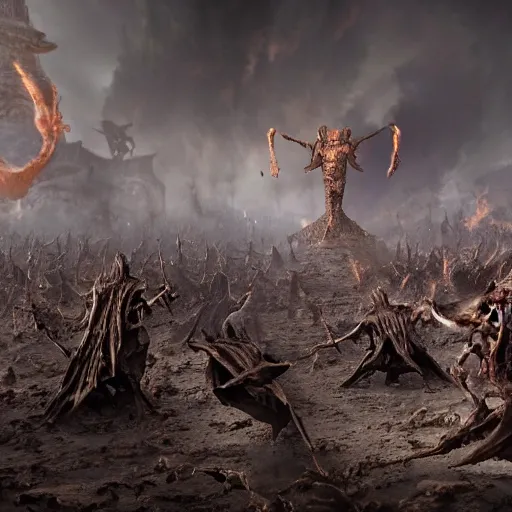 Image similar to extreme long shot of a hell with people suffering, monsters, in full combat, all stand at attention beneath the death presiding over them, 8 k, unreal 5, octane render, majestic, superb, cinematic, dramatic, hyperrealistic, ultra detailed, award winning, breathtaking, groundbreaking, special effects, cgi art, volumetric lighting, photoshopped, intricate digital art