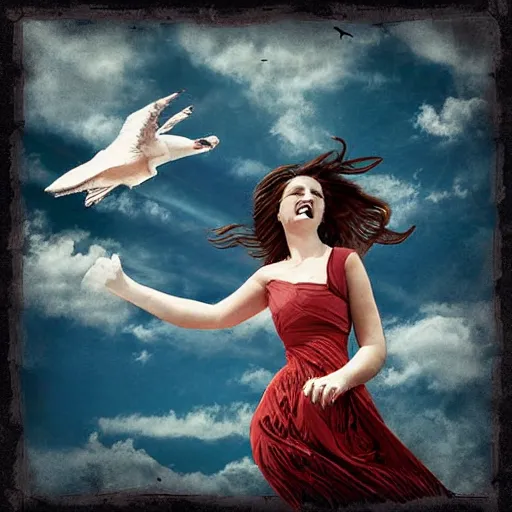 Image similar to Digital art of a woman riding a giant seagull in the sky