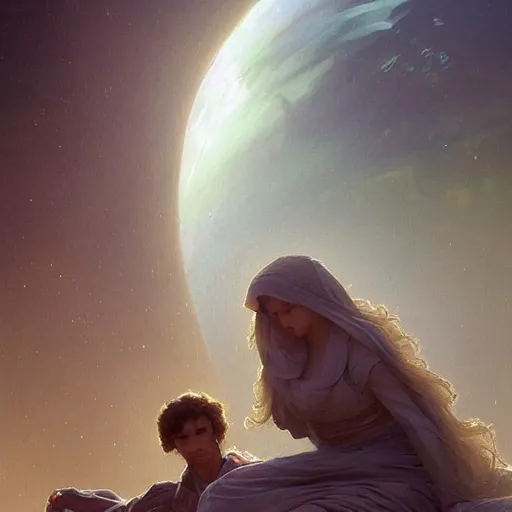 Image similar to future humans in space flying retro digital painting, artstation, concept art, soft light, hdri, smooth, sharp focus, illustration, fantasy, intricate, elegant, highly detailed, D&D, matte painting, in the style of Greg Rutkowski and Alphonse Mucha and artemisia, 8k, highly detailed, jurgens, rutkowski, bouguereau, pastoral, rustic, georgic