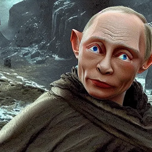 Image similar to Vladimir Putin as Gollum in Lord of the Rings, burning fires of Mordor in the background