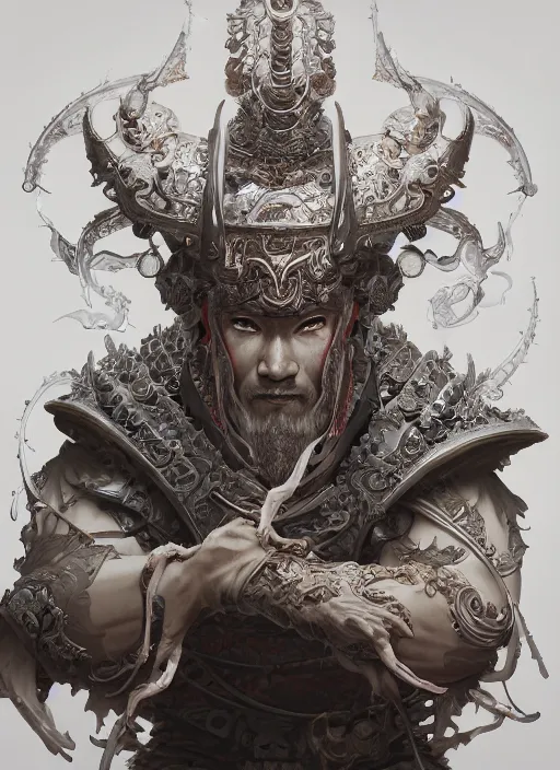 Image similar to subsurface scattering, white, koi, samurai deity with filigree ivory armor, octane render, by jesper ejsing, james jean, justin gerard, tomasz alen kopera, cgsociety and fenghua zhong, highly detailed, rim light, cinematic lighting, art, very coherent, cinematic, hyper realism, high detail, 8 k