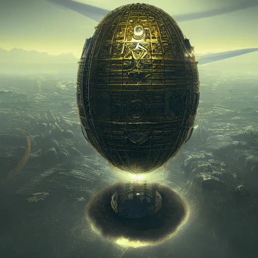 Image similar to enormous flying city in a faberge egg, sky, steampunk, fantasy art, masterpiece, hugh ferriss, unreal engine, peder balke