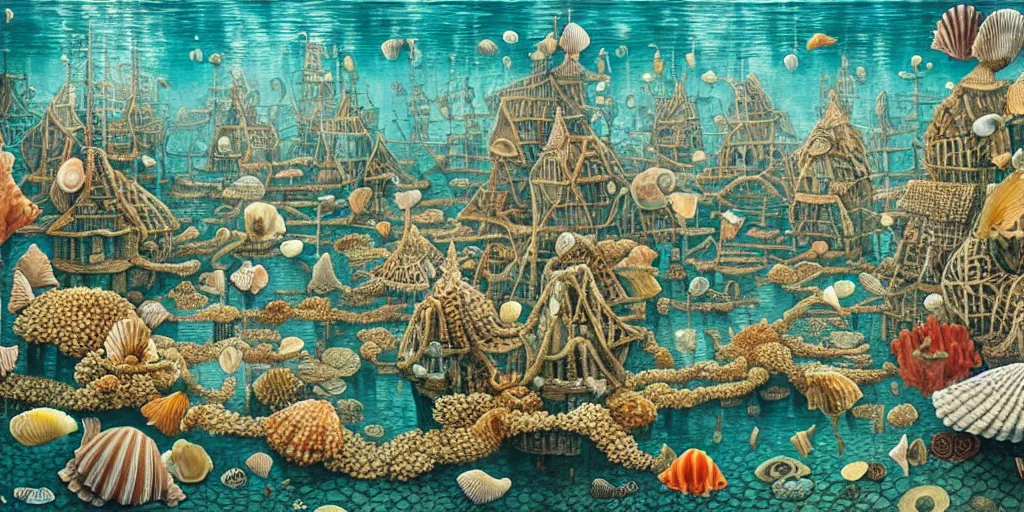 Prompt: underwater city inside!! the seashell, seaweed, corals, carps, koi fish, small scandinavian!!! houses, little people!!!, by jacek yerka by levitan, surrealistic painting, masterpiece, oil painting, sharp focus, highly detailed, intricate, smooth, 8 k,