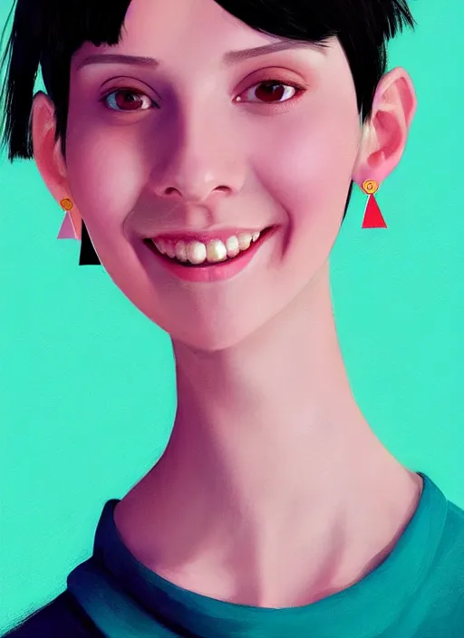 Image similar to portrait of high school girl, realistic, black hair, bangs, half updo hairstyle, pointy nose, skinny, smile, ugly, defined jawline, big chin, teal hair bow, earrings, intricate, elegant, glowing lights, highly detailed, digital painting, artstation, sharp focus, illustration, art by wlop, mars ravelo and greg rutkowski