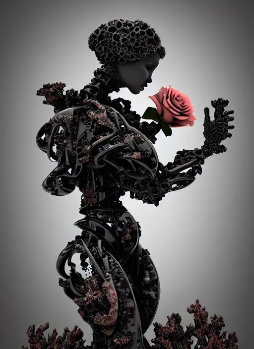 Image similar to biomechanical black marble statue carrying perfume bottle. enchanted coral kingdom made of corals, daisies, roses well contoured smooth fair walls, up close shot, sharp focus, global illumination, radiant light, alexandre ferra white mecha, irakli nadar, octane highly render, 4 k, ultra hd,