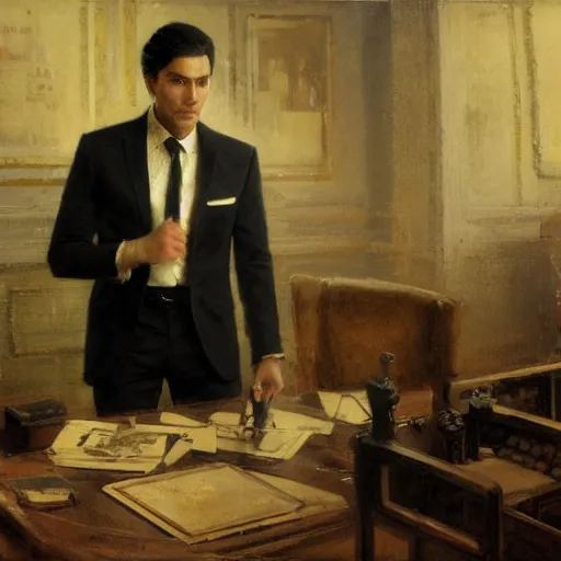 Image similar to detailed cinematic wide shot of sucession atractive man black hair black suit smooth, sharp focus, ultra realistic, in corporate office spring light, painting by gaston bussiere, craig mullins, j. c. leyendecker