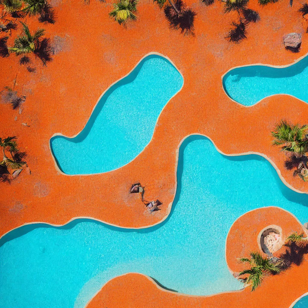 Image similar to rainbow boulders outdoor sculpture, orange sand desert with pools of bright blue water, birds eye view