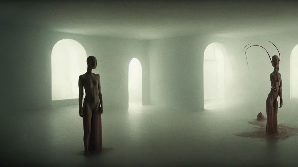 Image similar to a strange creature made of wax and water in the living room, film still from the movie directed by Denis Villeneuve with art direction by Zdzisław Beksiński, wide lens