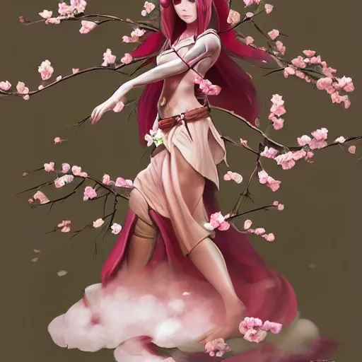 Prompt: stylized D&D character, kitsune cleric leaning against a cherry blossom tree, digital art by Artgerm, James Zapata, concept art, beautiful, highly detailed, trending on artstation