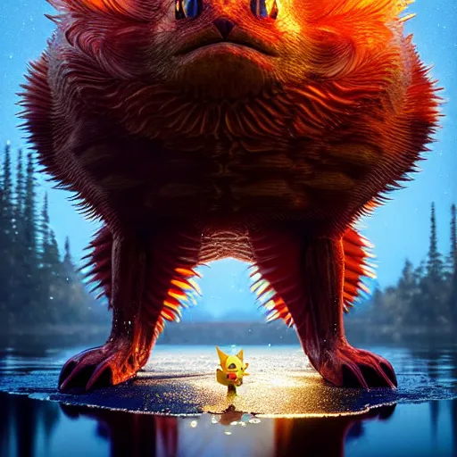 Image similar to ( ( pokemon ) ) creature creature in alaska, backlit, water reflection, warm tones : : by michal karcz, daniel merriam, victo ngai and guillermo del toro : : ornate, dynamic, particulate, intricate, elegant, highly detailed, centered, artstation, smooth, sharp focus, octane render, 3 d