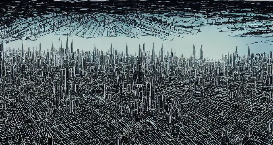 Image similar to view on futuristic city in the horizon, illustration by stanley donwood, detailed, sharp, masterpiece, 8 k