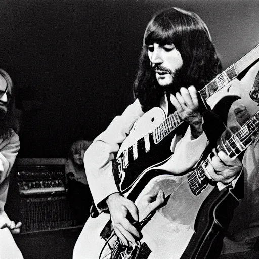 Image similar to charles manson playing guitar on stage with the beatles, black and white, high quality photography, realistic, detailed, uncropped, realistic face,