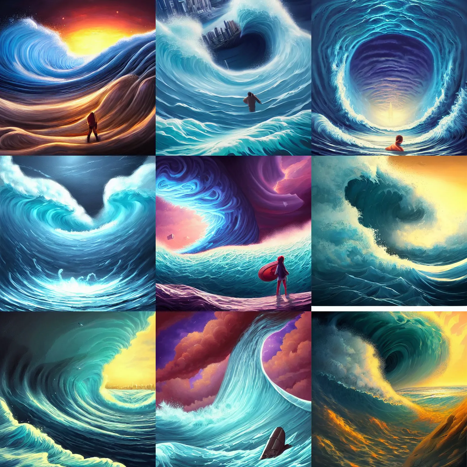 Prompt: a painting of a giant wave with a city in the background, digital art by Cyril Rolando, behance contest winner, space art, apocalypse landscape, apocalypse art, poster art