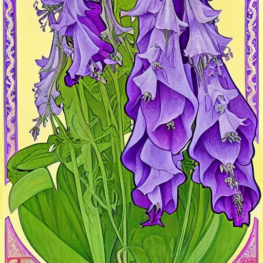 Image similar to a painting of Campanula medium, illustration, elegant, highly detailed, Artstation, by Georgia O'keeffe and alphonse mucha