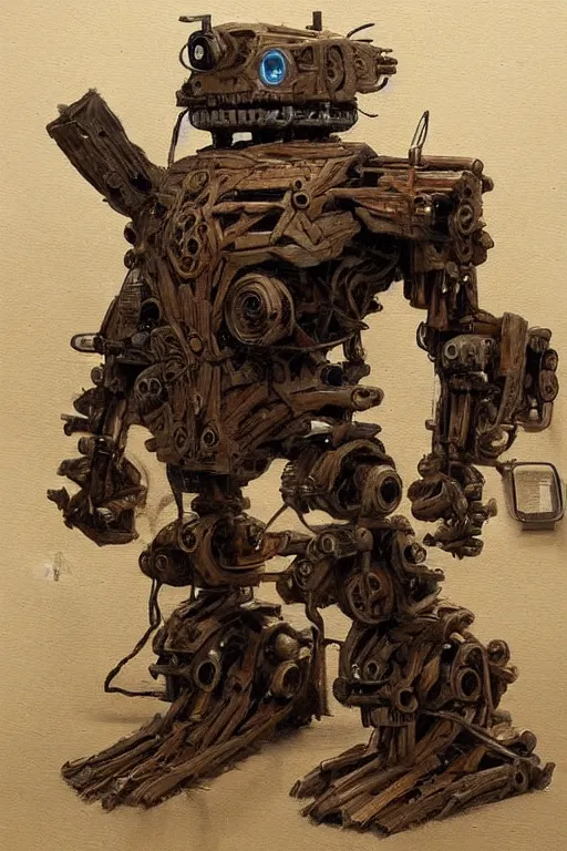 Image similar to robot made out of driftwood by Frank Frazetta, detailed, epic, intricate artstation