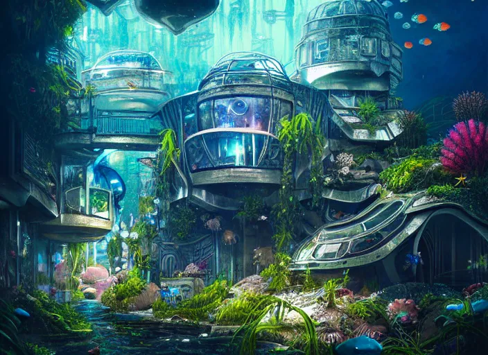 Image similar to overgrown favela spaceship cathedral, underwater environment, scenery, professional, award - winning, trending on artstation, hyper detailed, realistic, beautiful, emotional, shiny, colorful, picture