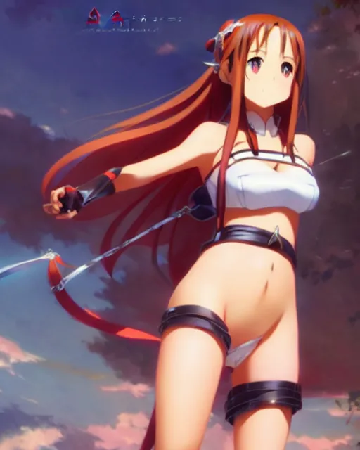 Prompt: photo of asuna from sao, asuna by a - 1 pictures, by greg rutkowski, gil elvgren, enoch bolles, glossy skin, pearlescent, anime, maxim magazine,