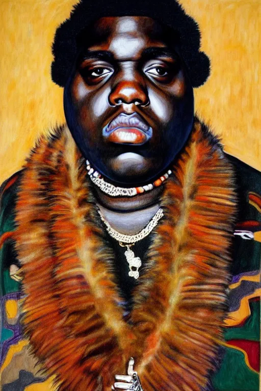 Image similar to full body!! a portrait of biggie smalls aka notorious b. i. g. wearing boho - chic style clothes, with a fur muffler and feathers, realistic painting in egon schiele style, masterpiece, hyperdetailed, complex, intricate, 4 k, hyperrealistic, trending on artstation