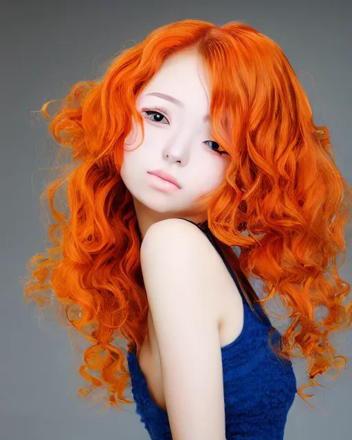 Image similar to happy cute teenage girl Portraits.Closeup of the pretty Anime girl's side face with her head slightly raised.Slightly curly Orange flowing hair by WLOP and VOFAN and mika pikazo,yoneyma Mai