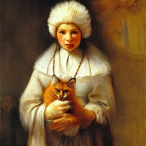 Prompt: cute caracal holding glass of milk and salted cucumber. by rembrandt 1 6 6 7, illustration, by konstantin razumov