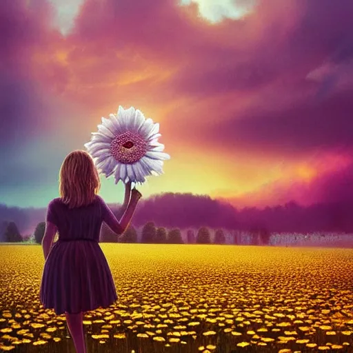 Image similar to giant daisy flower as a head, girl walking in flower field, surreal photography, sunrise, dramatic light, impressionist painting, colorful clouds, digital painting, artstation, simon stalenhag