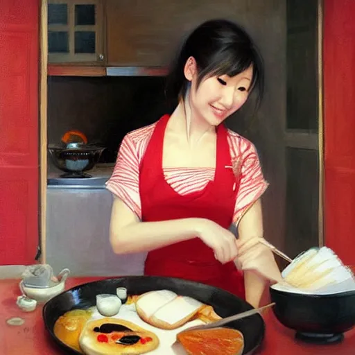 Prompt: beautiful Japanese wife making breakfast, painting by Vladimir Volegov