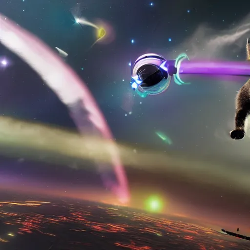 Image similar to a cat flying through space on a hoverboard, space clouds form the word anti behind it, unreal engine 5 render