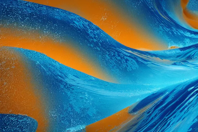 Prompt: big ocean wave of water particles, light blue, yellow orange wave, and light brown colors wave, white foam, many splash, complex curl noise, vortex, simulation, reflection, featured on behance, uhd image, media art, motion graphic, particles, fluids, 3 d, rendering, octane