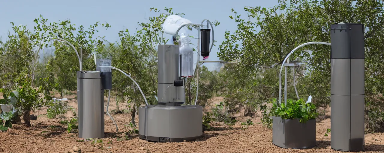 Prompt: windtrap electrostatic atmospheric water collection system at desert terraformation project, venus project, with snail-shaped biomimetic architecture, mini amphitheatre, mini lake, vertical vegetable gardens, robotic drones, XF IQ4, 150MP, 50mm, F1.4, ISO 200, 1/160s, natural light