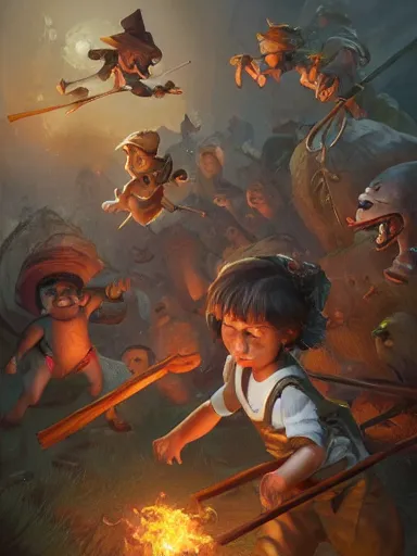 Prompt: a bunch of kids fighting with sticks. intricate, elegant, highly detailed, digital painting, artstation, concept art, sharp focus, illustration, by justin gerard and artgerm, 8 k