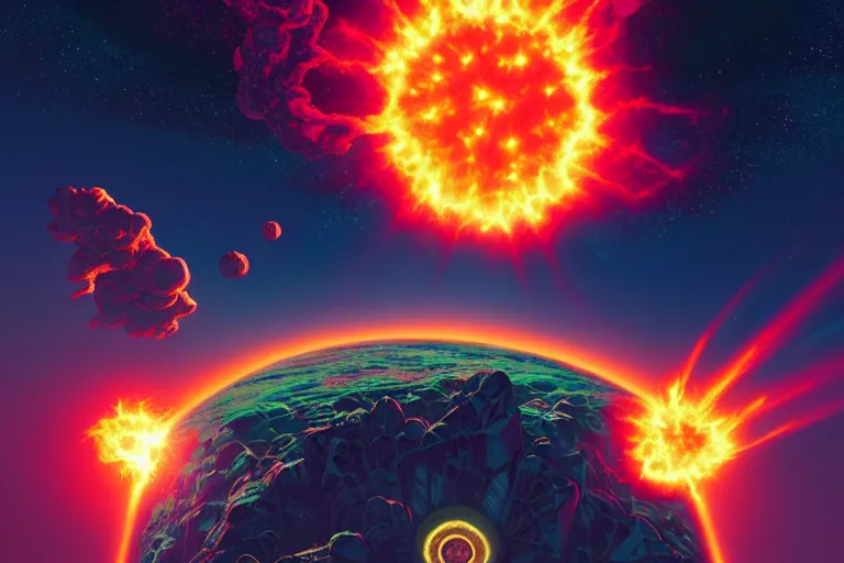 Image similar to supernova explosion by paolo eleuteri serpieri and tomer hanuka and chesley bonestell and daniel merriam and tomokazu matsuyama and makoto shinkai, clearly defined outlines, unreal engine, high resolution render, featured on artstation, octane, 8 k, highly intricate details, vivid colors