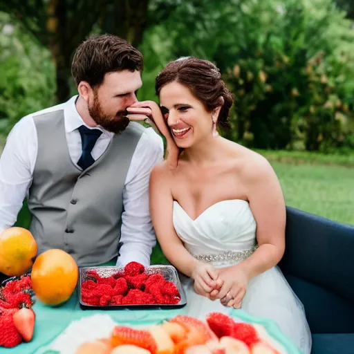 Prompt: photo of a man at his wedding day eating fruit portrait