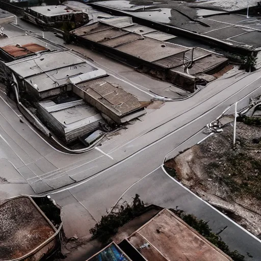 Prompt: hyperrealistic detailed, aerial photography, a number of car, dust, humus, wet street, graffiti on wall, trash scattered everywhere, abandoned car garage, 8 k, uhd, after rain, cinematic lighting, incrinate, wet after rain