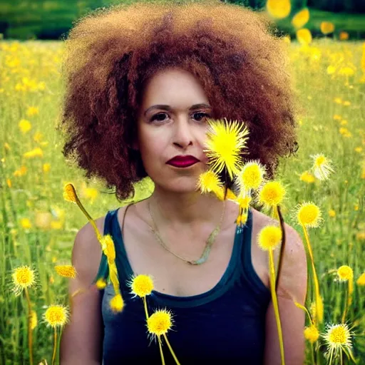 Image similar to a portrait of a beautiful 3 5 year old racially ambiguous woman, german, mexican, curly blond hair, standing in a field of soft focus dandelion flowers on a lovely spring day
