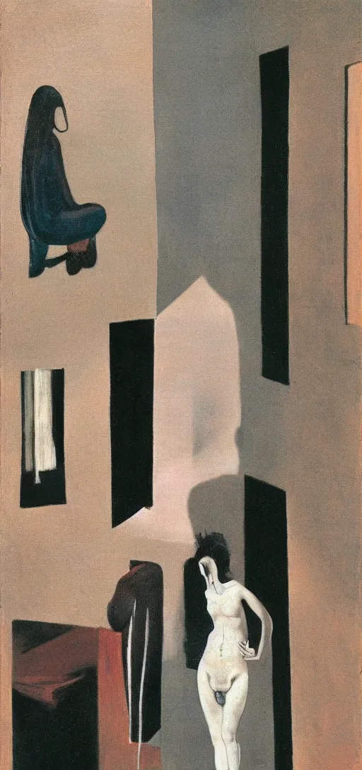 Image similar to meditative faceless woman in a courtyard by francis bacon and dali