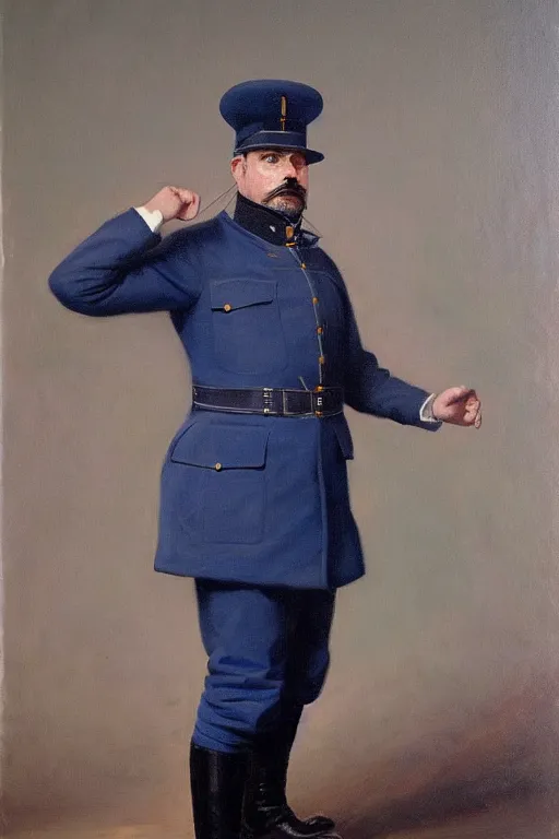 Image similar to full body portrait of the dictator of the minnesota timberwolves, 1 8 8 9, in full military garb, midnight blue, aurora green, lake blue, moonlight grey, oil on canvas by william sidney mount, trending on artstation