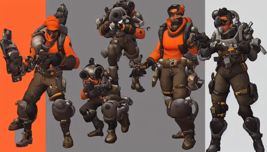 Image similar to Concept art for new Overwatch character: The Saboteur, French Special Ops, Short, Nimble, Sly, Silenced Five-Seven Main Weapon, Uses Explosives, Planted Charge, C4 Explosive, Roguish, and Hand Grenades, Dark Humor, Male, Rugged, Dagger, High-tech, Fast, Black and Orange