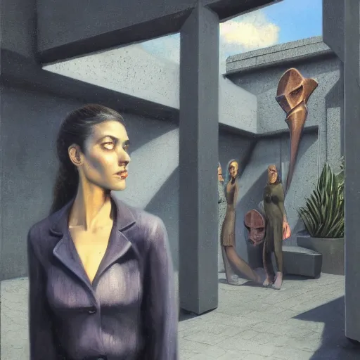 Image similar to detailed face of a woman with opalescent eyes in a brutalist courtyard with brushed steel sculptures at a science expo, atmospheric, ambient, pj crook, syd mead, livia prima, artgerm, greg rutkowski, nick alm, casey baugh