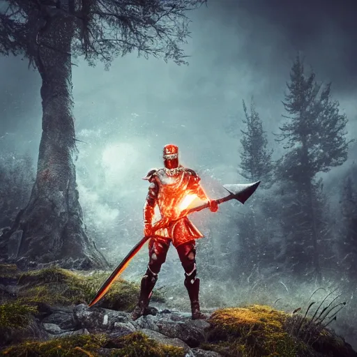 Image similar to full - body - portrait photo brutal nordic warrior, wearing intricate steel armor, holding magical fiery battle - axe, sharp focus, highland landscape with few trees background, magical aura, heroic pose, fantasy style, octane render, volumetric lighting, 8 k high definition, highly detailed, trending on artstation, centered