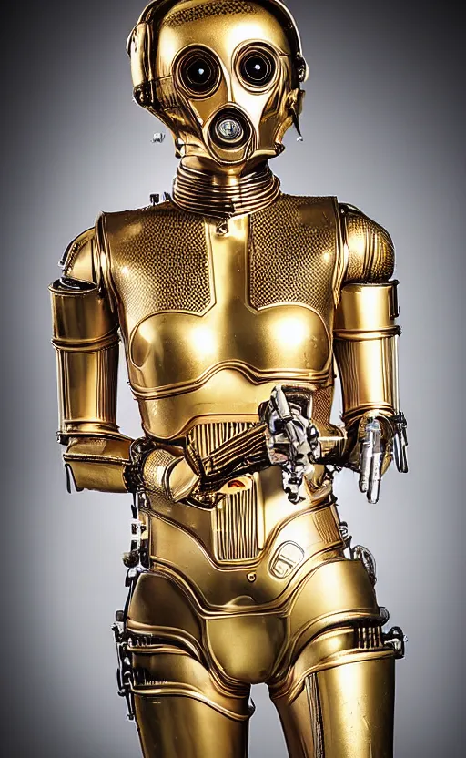 Prompt: female version of c 3 po, promotional photo, studio lighting