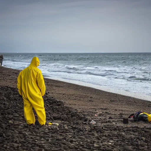 Image similar to Professional Photography, long shot, People in yellow chemical hazmat suits are investigating a huge creepy black creature washed up on the beach.