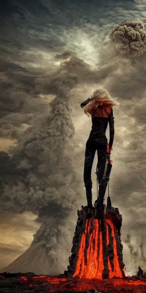 Prompt: volcano eruption post apocalyptic scene with a long - haired blonde cyber girl standing alone futuristic mars mad max bladerunner stormy weather